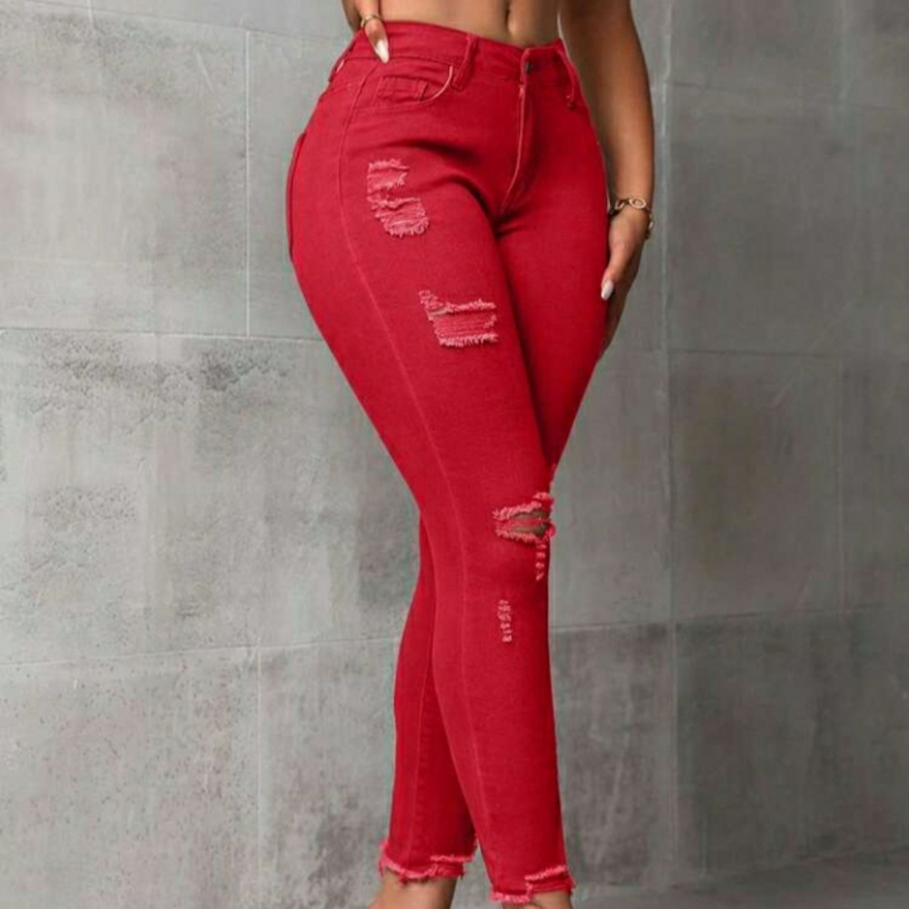 SHEIN Women's Vibrant Red Distressed Skinny Jeans